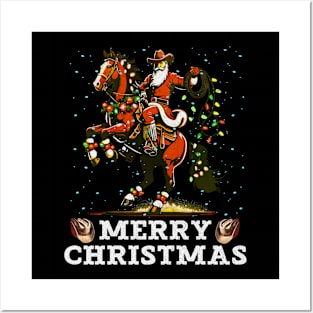 Cute Cowboy Santa Riding A Horse Christmas Posters and Art